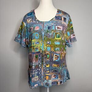 Parsley & Sage Abstract Print Tunic Top Women’s Large Colorful Short Sleeve